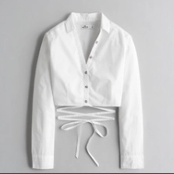 Brand New Poplin crop wrap cotton shirt with waist tie - set of 2 black white S - Picture 3 of 7